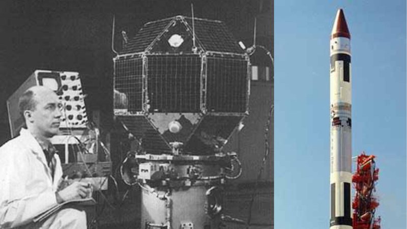 Montagem mostrando foto do LES1 e do foguete que o lançou para fora da atmosfera terrestre - Divulgação/ Domínio Público