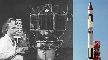 Montagem mostrando foto do LES1 e do foguete que o lançou para fora da atmosfera terrestre - Divulgação/ Domínio Público
