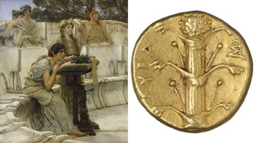 Antiga pintura sobre o Império Romano e uma moeda com sílfio estampado em uma das faces - Domínio Público via Wikimedia Commons / Foto por International Numismatic Club pelo Wikimedia Commons