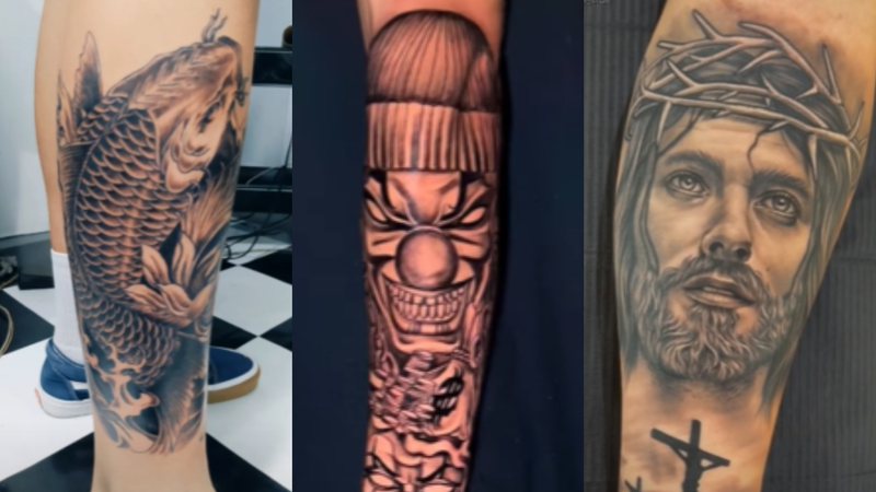 Tatuagens de carpa, palhaço e Jesus Cristo, comuns e com significado no mundo do crime - Reprodução/Video/YouTube/@TheWelllemes, @patrickwillians5403 e @tatuagemideal6820