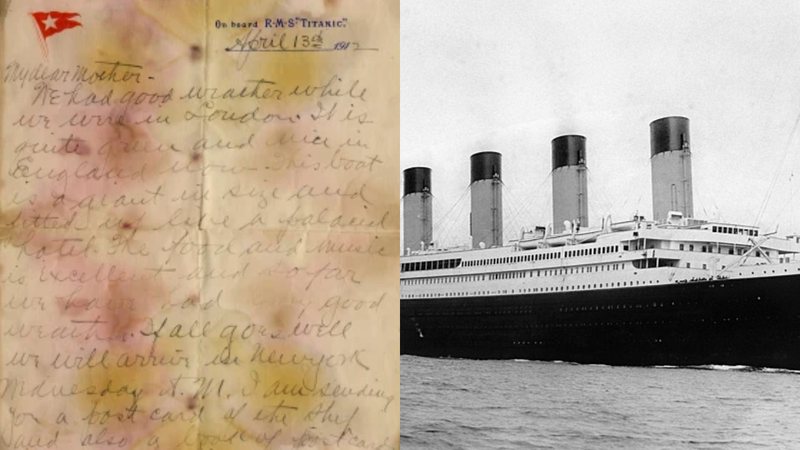 A carta e uma fotografia antiga do RMS Titanic, o verdadeiro navio que naufragou em 1912 - Henry Aldridge and Son e Domínio Público via Wikimedia Commons