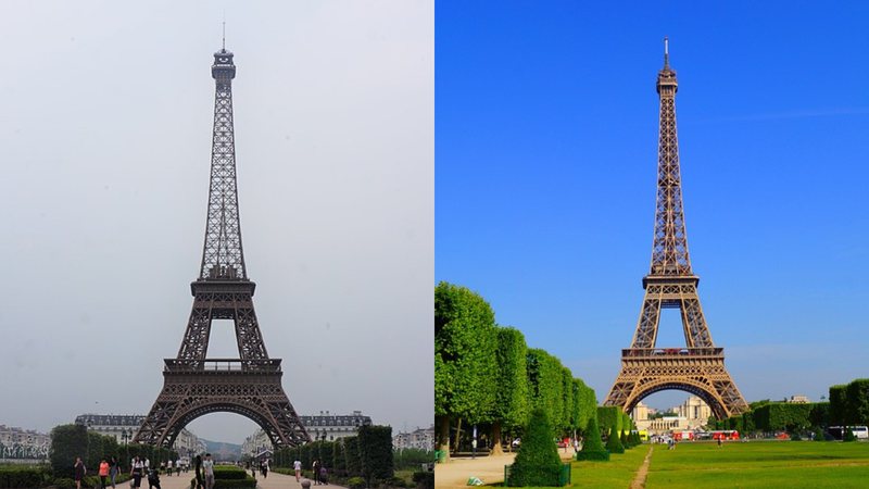 Réplica da Torre Eiffel na China (esq.) e Torre Eiffel em Paris, na França (dir.) - MNXANL e Pixabay