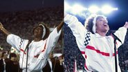 Whitney Houston em sua apresentação no Superbowl (esq.) e Naomi Ackie vivendo Whitney Houston em filme (dir.) - Getty Images e Divulgação / Sony Pictures