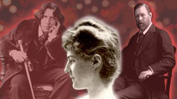 Florence Balcombe (centro), junto de Oscar Wilde (esq.) e Bram Stoker (dir.) - Montagem Domínio Público com fundo FreePik