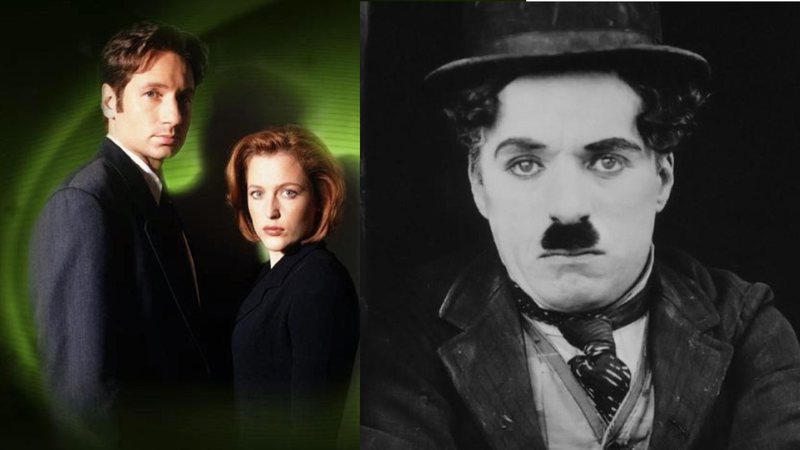 Montagem mostrando imagem de divulgação do Arquivo X, e foto de Charlie Chaplin - Divulgação/ Fox e Divulgação/ Wikimmedia Commons
