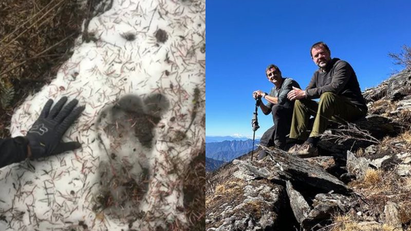 Possível pegada de Yeti descoberta no Himalaia e a dupla Andrew Benfield e Richard Horsey - Divulgação/Sonam Penjore / Divulgação/Pema Sonam