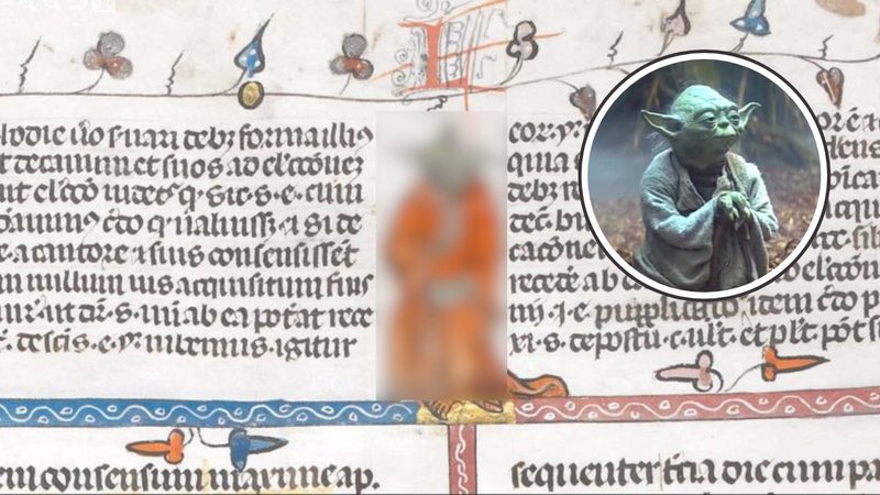 Manuscrito do século 14 e foto de Yoda - Biblioteca Britânica e LucasFilms