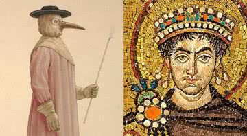 À esquerda traje utilizado por médicos medievais e à direita retrato de Justiniano - Creative Commons