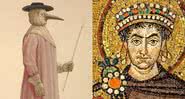 À esquerda traje utilizado por médicos medievais e à direita retrato de Justiniano - Creative Commons