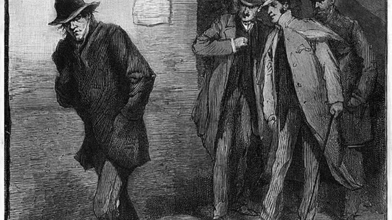 "Um possível suspeito", caricatura do The Illustrated London News publicada em 13 de outubro de 1888, retratando a polícia de Londres na busca por Jack, o Estripador - Wikimedia Commons
