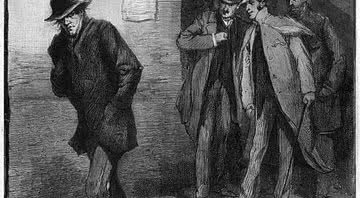 "Um possível suspeito", caricatura do The Illustrated London News publicada em 13 de outubro de 1888, retratando a polícia de Londres na busca por Jack, o Estripador - Wikimedia Commons