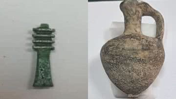 À esquerda, uma "coluna de Djed", e à direita, um vaso de cerâmica - Divulgação/Ministério do Exterior Egípcio/Egypt Today