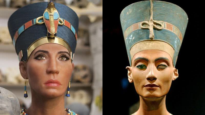 Montagem da reconstrução do rosto da rainha lado do busto encontrado - Travel Chanel/ Wikimedia Commons