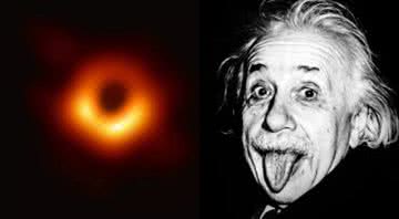 Albert Einstein em montagem com o buraco negro capturado pelo Telescópio do Horizonte de Eventos - Divulgação