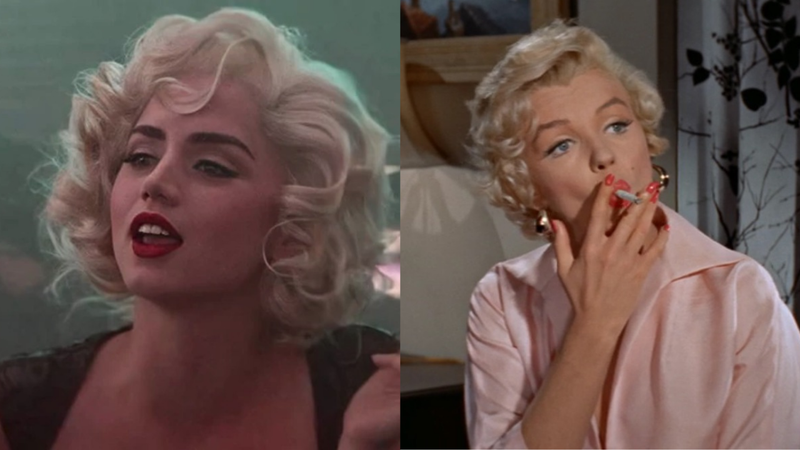 Ana de Armas como Marilyn Monroe em 'Blonde' (2022) e Marilyn Monroe no filme "O Pecado Mora ao Lado" (1955)