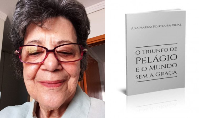 A autora (à esq.) e a capa da obra 'O triunfo de Pelágio e o mundo sem a Graça' (2022) - Divulgação