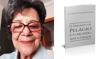 A autora (à esq.) e a capa da obra 'O triunfo de Pelágio e o mundo sem a Graça' (2022) - Divulgação