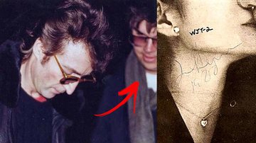 Lennon autografando álbum para seu assassino em montagem com imagem do autógrafo - Divulgação / Goldin Auctions