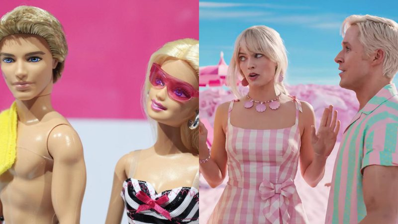 Montagem mostrando bonecos Ken e Barbie, e trecho do filme Barbie (2023) - Divulgação/ CC BY-NC-SA Bilde/ Mark Lennihan e Reprodução/Vídeo