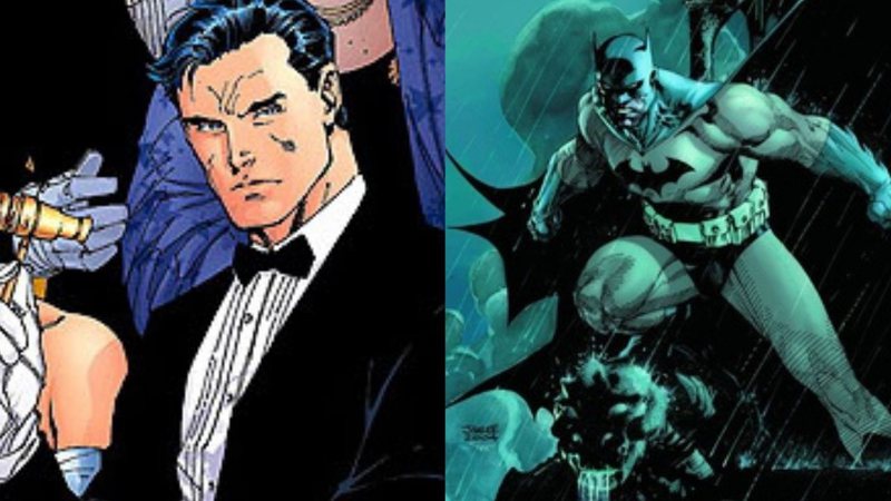 Bruce Wayne sem disfarce ao lado dele vestido de Batman - Wikimedia Commons