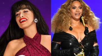 Imagem de divulgação da série Selena da Netflix, ao lado da cantora Beyoncé no Grammy de 2021 - Divulgação/Netflix / Getty Images