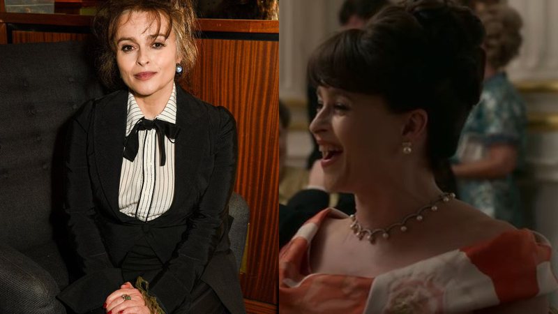 Imagem da atriz Helena Bonham Carter à esquerda e à direita a atriz caracterizada de princesa Margareth em 'The Crown' - Getty Images e Reprodução / Vídeo
