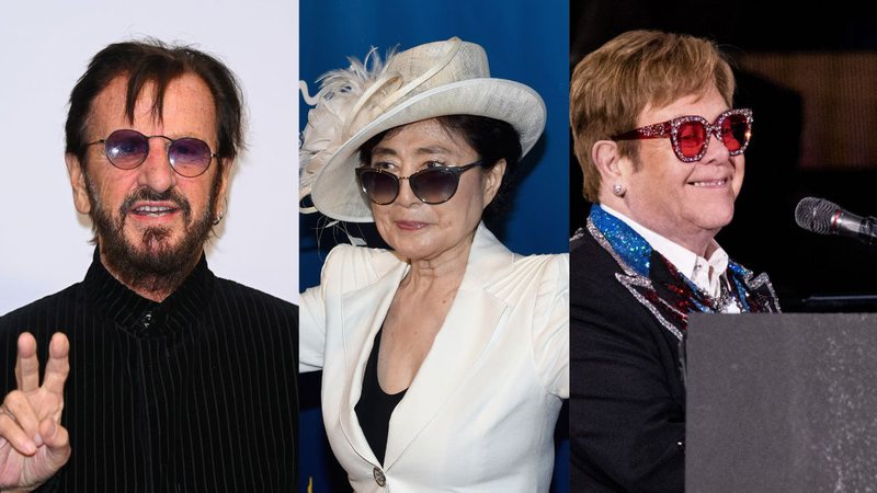 Á esquerda imagem de Ringo Starr, ao centro Yoko Ono e à direita Elton John - Getty Images