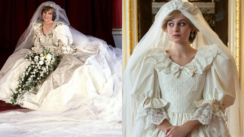 Princesa Diana no dia de seu casamento (esq) Emma Corrin como Diana em The Crown (dir) - Divulgação/ Royal Collection / Divulgação/ Netflix