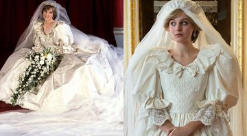 Princesa Diana no dia de seu casamento (esq) Emma Corrin como Diana em The Crown (dir) - Divulgação/ Royal Collection / Divulgação/ Netflix