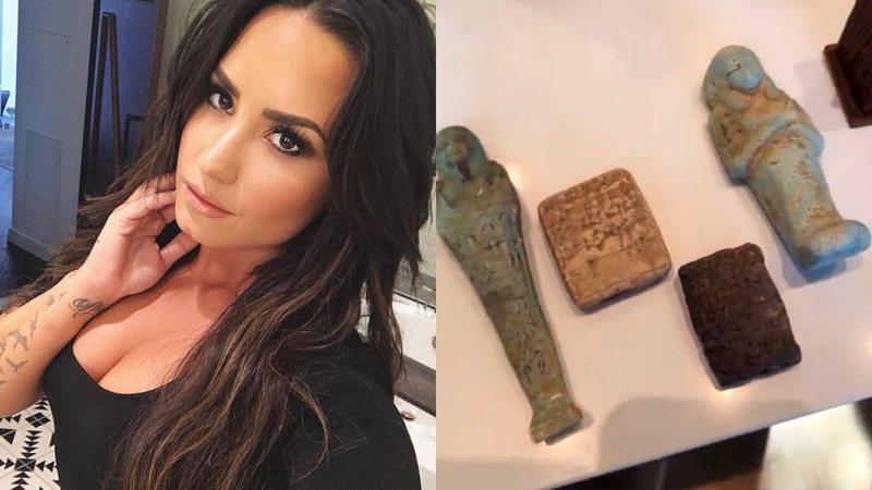 Demi Lovato em montagem com os artefatos apresentados