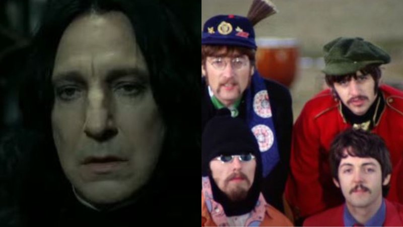 Á esquerda Alan Rickman como Snape e à direita Os Beatles - Reprodução/Vídeo/Youtube