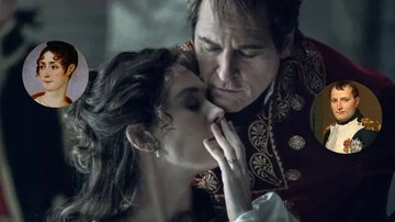 Cena do trailer de 'Napoleão' (2023), com Joaquin Phoenix e Vanessa Kirby e retratos dos personagens históricos - Domínio Público e Reprodução/Apple TV+