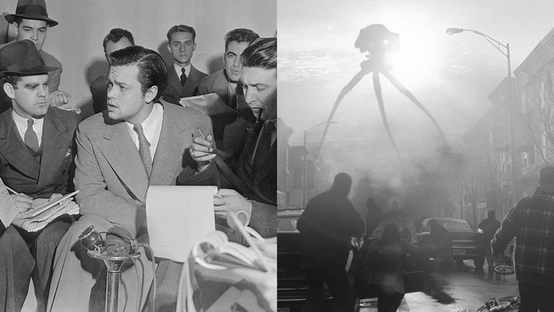 Montagem de Orson Welles durante transmissão (esq.) e retratação cinematográfica (dir.) - Domínio Público / Divulgação / Paramount Pictures