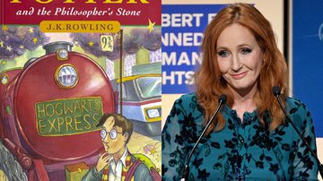 Primeira edição de Harry Potter e a Pedra Filosofal e J. K. Rowling - Reprodução / Getty Images