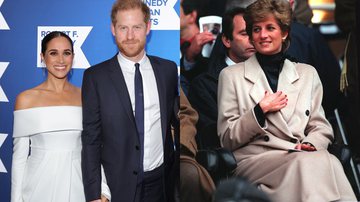 À esquerda, Harry e Meghan Markle, e à direita, a princesa Diana - Getty Images