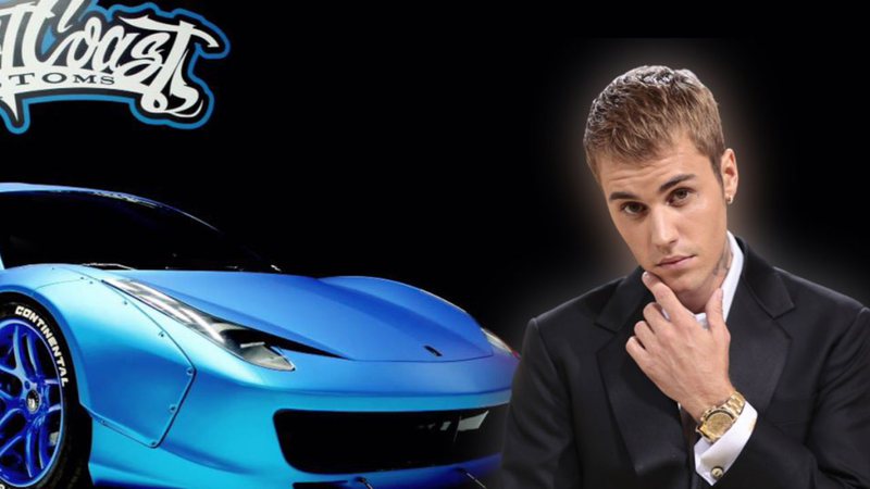 Sobreposição de Justin Bieber e carro da Ferrari pintado de azul - Reprodução / West Coast Customs e Getty Images
