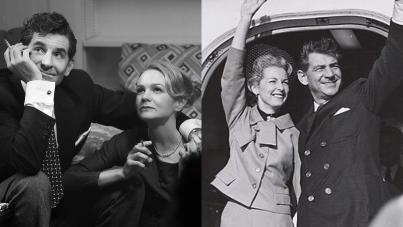Leonard Bernstein e Felicia Montealegre em 'Maestro' (interpretados por Bradley Cooper e Carey Mulligan), e o verdadeiro casal - Divulgação/Netflix / Wikimedia Commons