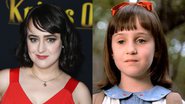 À esquerda, atriz Mara Wilson atualmente e à direita, a atriz em 'Matilda' - Getty Images e Divulgação / Sony Pictures