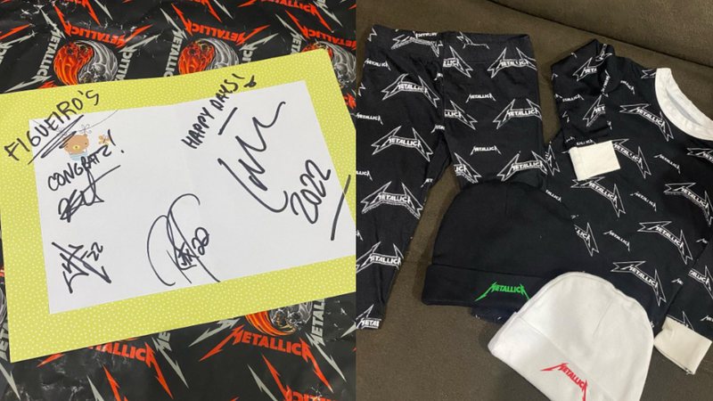 Cartão com autógrafos e algumas roupinhas enviadas pelo Metallica para família de bebê que nasceu em show no Paraná - Reprodução/Instagram