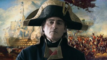 Joaquin Phoenix como Napoleão Bonaparte em 'Napoleão', com ilustrações das batalhas de Trafalgar e de Waterloo ao fundo - Domínio Público via Wikimedia Commons / Reprodução/Apple TV+
