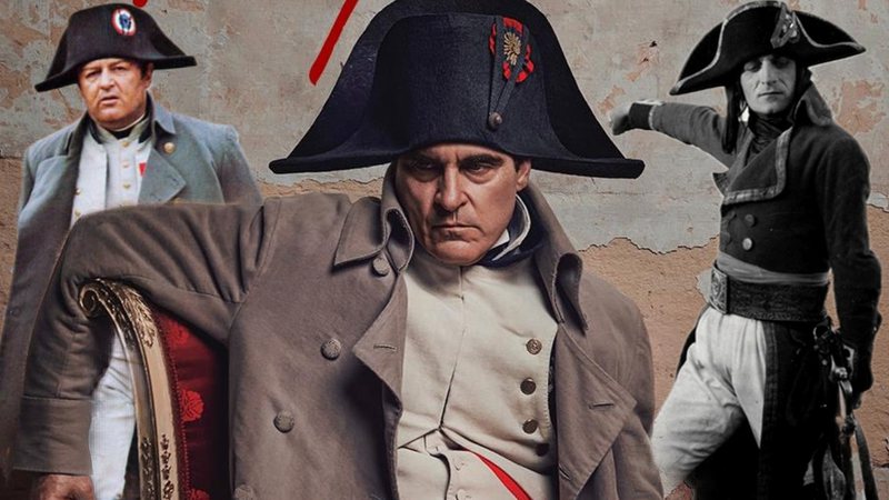 Imagem promocional do filme 'Napoleão', de Ridley Scott, com representações de Napoleão Bonaparte em outros 'Waterloo' (1970) e 'Napoleão' (1927) - Divulgação/Apple Original Films / Reprodução/Columbia Pictures / Reprodução