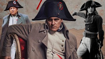 Imagem promocional do filme 'Napoleão', de Ridley Scott, com representações de Napoleão Bonaparte em outros 'Waterloo' (1970) e 'Napoleão' (1927) - Divulgação/Apple Original Films / Reprodução/Columbia Pictures / Reprodução