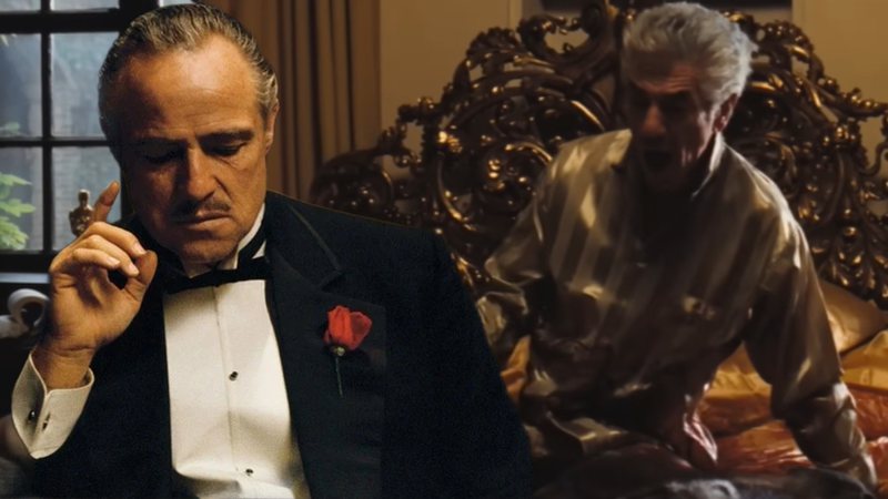Montagem com cena da cabeça de cavalo e imagem de Vito Corleone (Marlon Brando) em 'O Poderoso Chefão' (1972) - Reprodução/Star+/Paramount Pictures