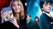 Cena da saga de filmes Harry Potter e autora com o livro - Divulgação / Warner Bros. Pictures e Getty Images