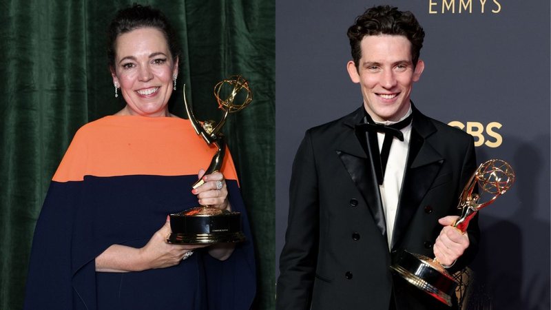 Olivia Colman e Josh O’Connor segurando seus prêmios, no Emmy 2021 - Getty Images
