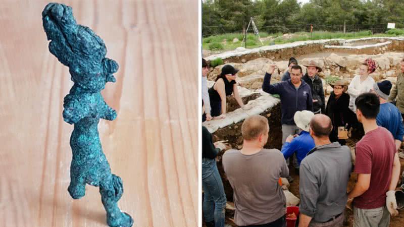 Escultura do deus Baal encontrada, junto a equipe sendo orientada nas buscas - Universidade Hebraica de Jerusalém / Universidade Macquire
