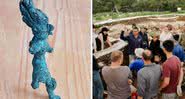 Escultura do deus Baal encontrada, junto a equipe sendo orientada nas buscas - Universidade Hebraica de Jerusalém / Universidade Macquire