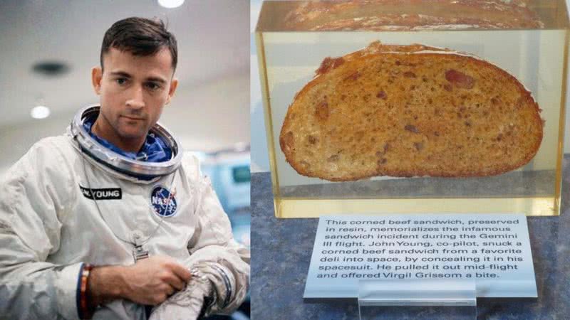 John Young (à esquerda) e o sanduíche de carne enlatada que ele levou para o espaço - Divulgação/ NASA