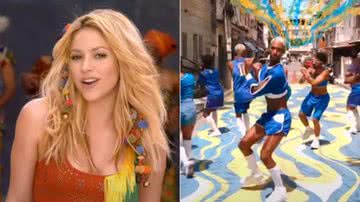 Montagem da cantora Shakira no clipe de Waka Waka e do clipe do influenciador Raphael Vicente, na Maré - Reprodução/Vídeo/YouTube