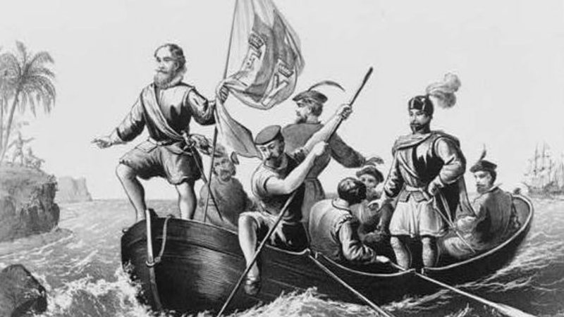 Colombo desembarcando em San Salvador, em 1492 - Biblioteca do Congresso / Domínio Público, via Wikimedia Commons